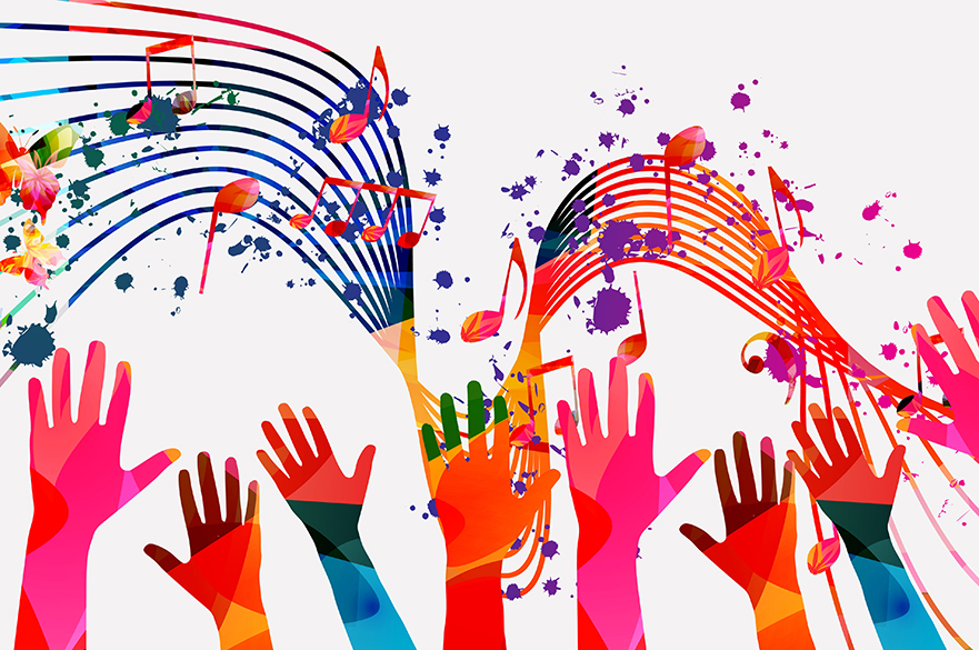 An illustration of brightly coloured hands and musical notes.