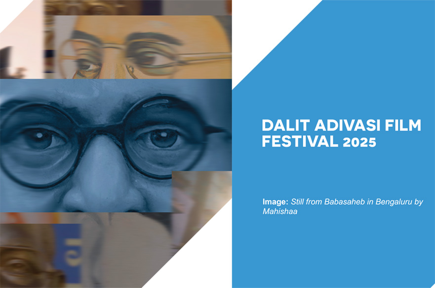 A collage of images, one the left are two pictures of men wearing eyeglasses, on the right is a blue image with the text Dalit Adivasi Film Festival.