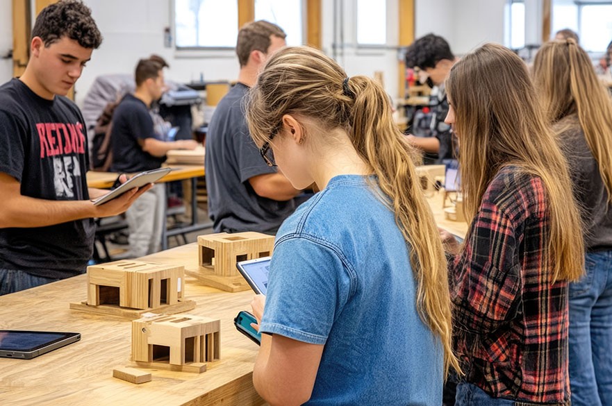 Secondary pupils around a workbench working on wood design projects